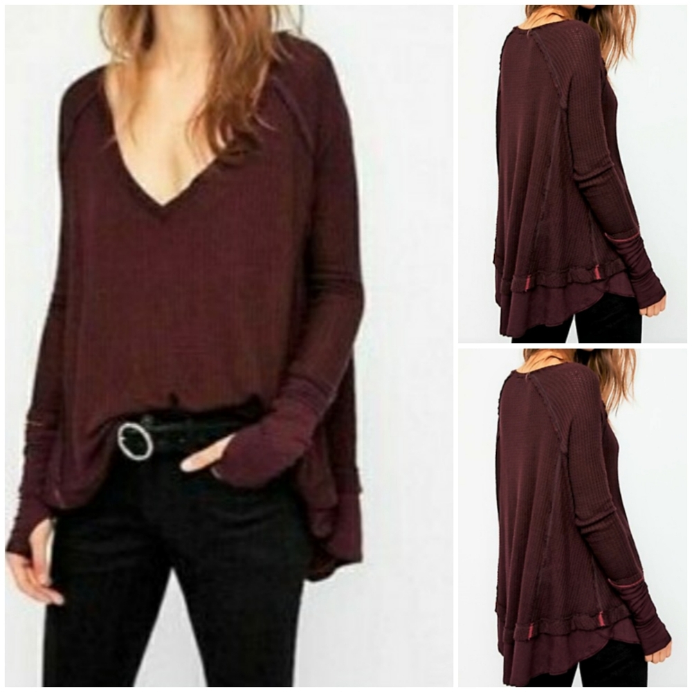 We The Free laguna thermal long sleeve thumbhole raw seam burgundy XS